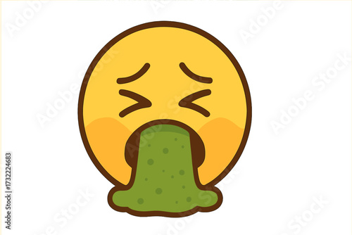 Vomiting face emoji vector illustration. Sick emoticon icon with nausea. Puking smiley character isolated. Unwell expression graphic for disgust, illness, food poisoning, hangover.