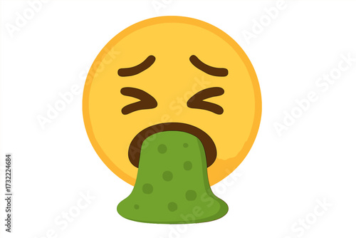Vomiting face emoji throwing up. Sick emoticon with nausea. Puking smiley icon. Disgusted expression for food poisoning or hangover. Vector illustration for illness concept.