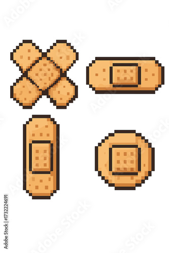 Adhesive bandage pixel art icon set. Medical plaster collection in 8-bit retro gaming style. First aid wound care graphic symbol. Vector illustration for emergency health care.