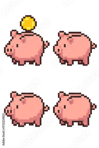 Pixel art piggy bank icon set. 8-bit retro video game sprite for saving money concept. Financial, investment, and economy illustration. Animation frame of coin dropping into a pig bank.