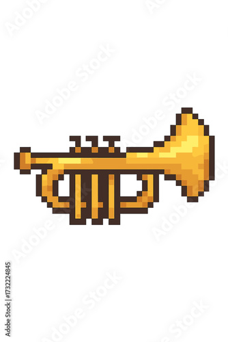 Trumpet pixel art icon. 8-bit brass musical instrument symbol for retro video game. Vector illustration of a golden horn. Isolated classic music graphics for gaming asset.