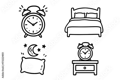 Bedtime and morning routine vector icon set. Doodle illustrations of sleep and wake up concepts. Bed, pillow with moon and stars, ringing alarm clock, and nightstand icons.