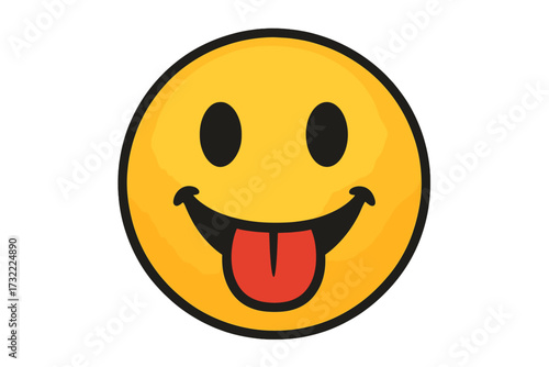 Happy emoticon sticking out his tongue. Vector emoji with a funny face. Cheeky yellow smiley character. Playful and silly expression. Concept of fun, joy and teasing. Icon.