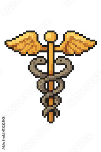 Caduceus medical symbol pixel art. 8 bit graphic for medicine, health, pharmacy. Retro video game icon for doctor, hospital, emergency. Healthcare logo vector illustration.