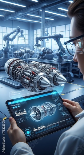 A factory worker uses a digital tablet to view detailed visualizations of jet engines, showcasing augmented reality in a modern manufacturing setting.