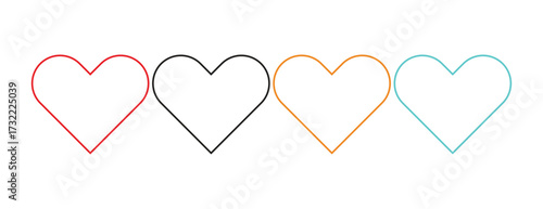 Simple Outline Heart Shape Flat Icon Set in Red, Black, Orange, and Blue, Love Symbol Vector Design