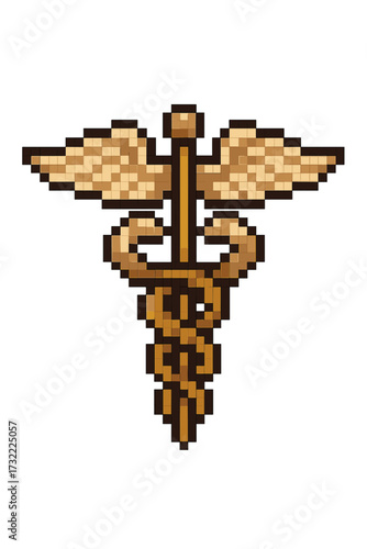 Caduceus pixel art. Medical symbol of Hermes with two snakes and wings. Retro 8-bit gaming vector icon for medicine, healthcare, pharmacy, hospital, emergency, doctor logo.