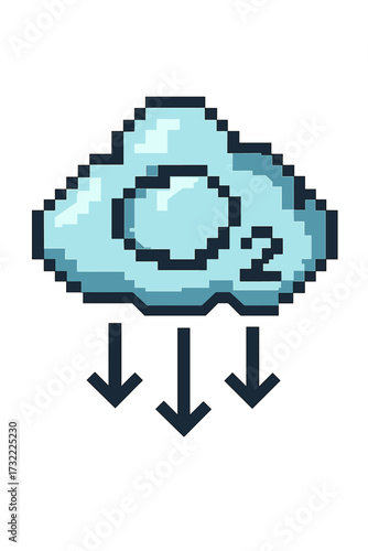 CO2 reduction pixel art icon. Carbon dioxide emissions decrease concept. Climate change and global warming symbol. Decarbonization, carbon capture and net zero transition.