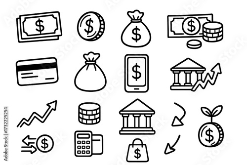 Hand drawn money icon set. Finance and business doodle concept. Vector line art illustration for banking, investment, savings, payment, economy, profit, commerce symbols.
