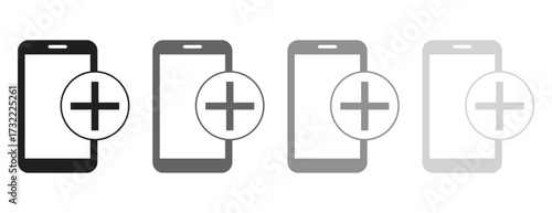 Black and White Mobile Phone Icons with Plus Sign, Add New Contact Application