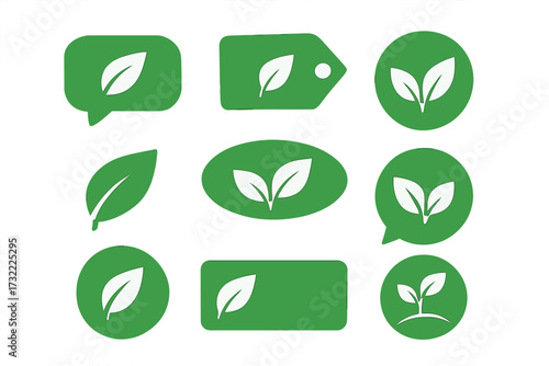 Green leaf logo collection. Vector icons, labels, tags, speech bubbles for vegan, organic, bio food. Natural eco friendly product symbols for farm or garden business concept.