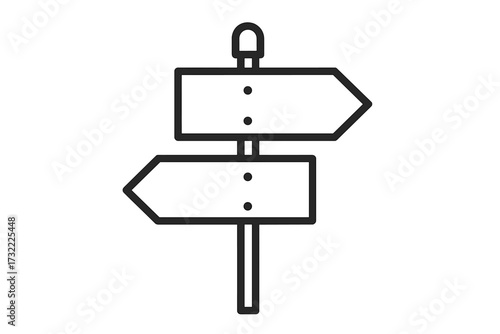 Directional signpost with arrows pointing left and right. Metaphor for decision-making, choice, dilemma, crossroads, and opposite paths. Yes vs no. Path finding concept.