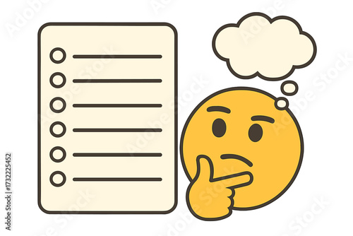 Shopping list vector concept with thinking emoji and thought bubble. Blank checklist for to-do lists, reminders, planning, and grocery shopping. Organizer for making decisions.