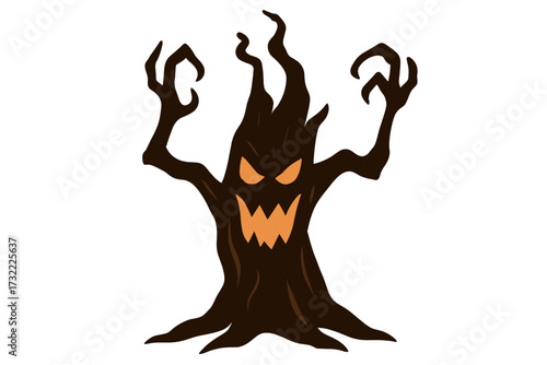 Spooky haunted tree monster for Halloween. Vector illustration of a scary dead plant with a creepy face. Evil forest character silhouette with frightening branches and roots.