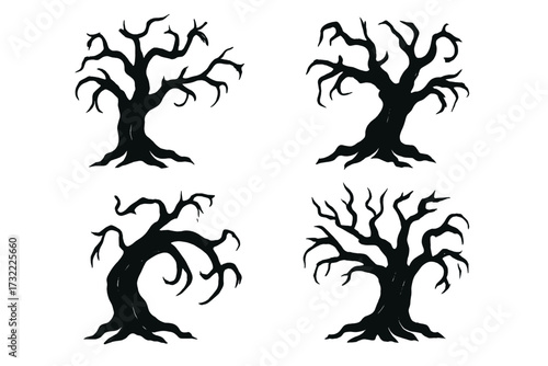 Set of four spooky old trees with creepy shapes. Vector illustration for Halloween. Scary dead tree silhouette collection. Horror forest elements on transparent background.
