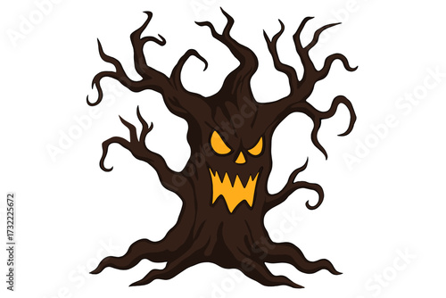 Spooky haunted tree character for Halloween. Scary dead monster with an evil face. Frightening forest spirit illustration. Creepy wood vector graphic isolated on white.