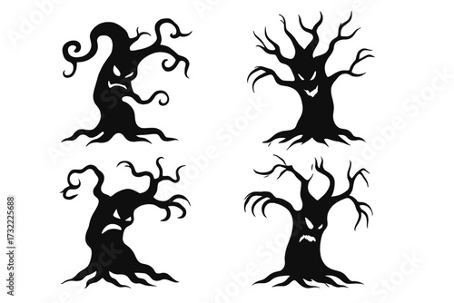 Set of spooky monster trees for Halloween design. Creepy scary evil tree silhouette collection. Haunted forest character vector illustration. Frightening wood plant with face.