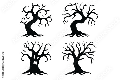 Set of spooky tree silhouettes. Halloween vector collection. Scary dead trees with gnarled branches. Haunted forest elements. Creepy monster face tree. Horror design clipart.