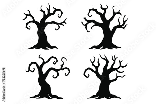Set of spooky tree silhouettes. Vector illustration of creepy, old, bare trees. Collection of haunted forest elements for Halloween design. Scary, dark, mysterious nature shapes.