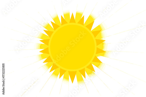 Sun icon vector graphic illustration. Sunshine symbol for summer weather design. Bright yellow sunlight with rays. Hot, warm energy and happiness concept. Isolated light element.