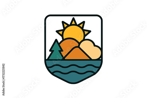 Summer nature landscape badge. Minimalist travel icon with sun, mountains, sea. Outdoor adventure logo. Vector for hiking, camping, vacation concepts. Retro vintage style design.