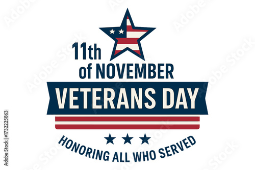 Veterans Day vector illustration. 11th of November USA holiday design. Honoring all who served. Patriotic American flag star and banner for celebration. Military appreciation.