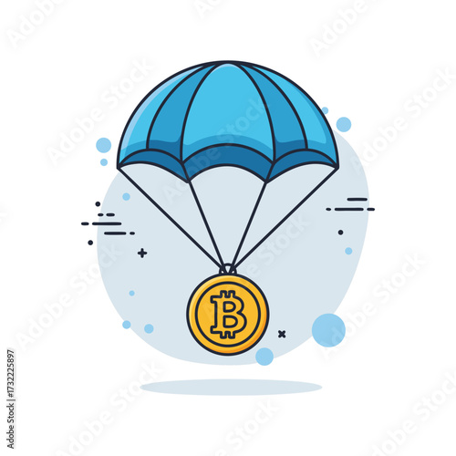 Bitcoin cryptocurrency symbol descending from sky with parachute concept illustration