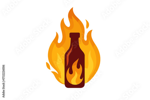 Hot sauce bottle with flame logo concept. Vector illustration for spicy food packaging, restaurant menu, or barbecue party brand. Fiery hot condiment in burning fire.