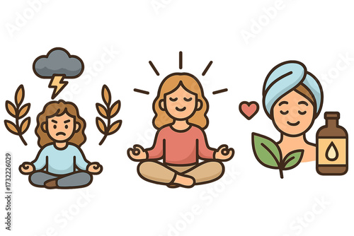 Mental health wellness concept. Woman transforming from stress and anxiety to calm peace. Vector icons for meditation, yoga, self-care, mindfulness, personal development, mood.