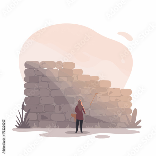 Person examining ancient stone wall in soft sunlight background  