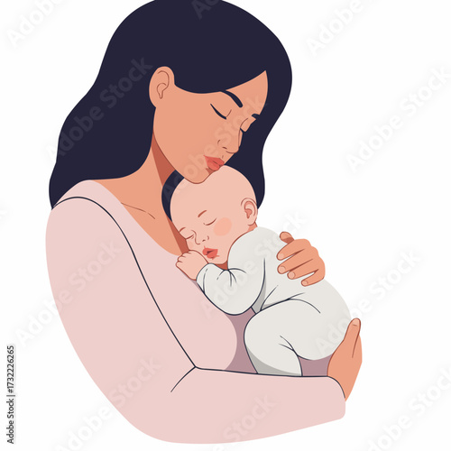 Mother holding sleeping baby in her arms with calm expression  