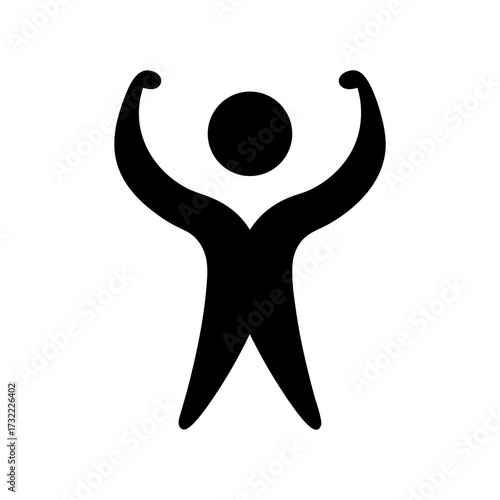 A black silhouette of a stylized human figure with arms bent at the elbows and raised upwards, showcasing muscular definition. The figure has a circular head and a body shape that tapers towards the l