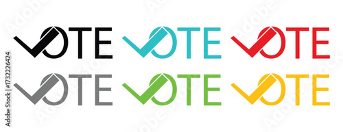 Colorful 'VOTE' Typography with Check Mark Symbol Set, Election, Democracy