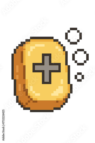 Pixel art plus sign icon for video game. 8-bit retro gaming sprite design. Health bonus, healing power-up, or extra life point symbol. Shiny gold coin or token asset concept.