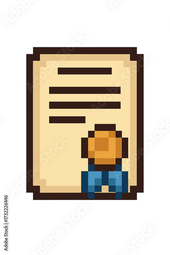 Pixel art certificate icon set. 8-bit retro diploma document for game achievement. Vector award or degree with seal for graduation. Vintage license illustration for success.