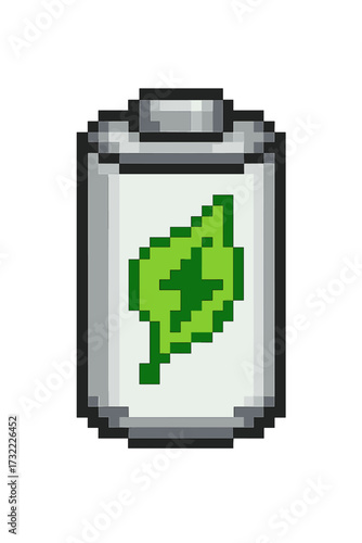 Green energy pixel art vector icon. Battery with leaf and lightning. Concept for renewable power, sustainability, ecology, clean electricity, eco-friendly charge. 8-bit style.