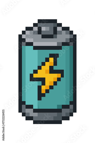 Pixel art battery icon. 8-bit video game power cell sprite. Retro arcade energy symbol for UI. Electricity charge level asset. Vector illustration on transparent background.