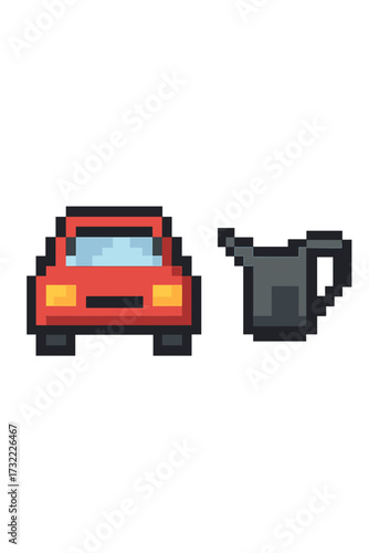 Car and oil can pixel art icon set. Vector illustration of auto service, maintenance, and oil change concept. Retro 8-bit gaming style vehicle and lubricant symbol.