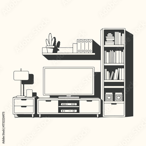 Vector art of modern living room interior with a television, entertainment center, bookshelf, lamp, and decorative cactus plant, minimalist line art illustration on a neutral background