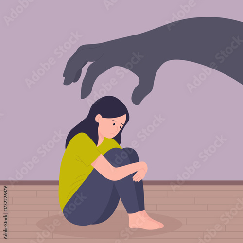 Fear and anxiety depressed woman sitting alone abuse shadow hand mental health violence concept. sad girl cartoon. domestic intimidation illustration