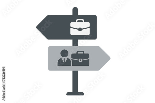 Career change concept with signpost. Old job versus new job metaphor. Business crossroads and decision making. Employment opportunity and work path choice illustration.