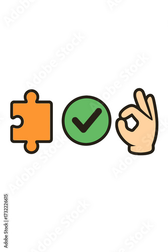 Business concept of problem-solving and finding a solution. Puzzle piece for strategy, checkmark for success, and OK hand gesture for quality approval. Development icon set.