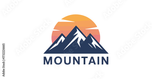 Stylized mountain logo with sharp peaks, snow highlights, and warm gradient sunrise background, ideal for outdoor, nature, and adventure branding 