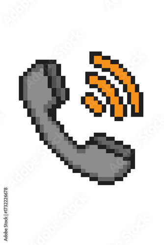 Ringing telephone receiver in pixel art style. Retro 8 bit gaming asset. Old communication technology symbol. Vector graphic for contact us, support, or hotline icon.