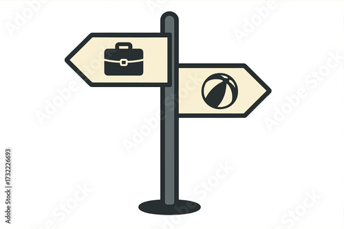 Work life balance concept with signpost pointing in opposite directions. Choice between a career and play. Lifestyle decision metaphor with briefcase and beach ball icons.