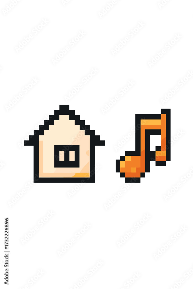 Fototapeta premium Pixel art icon set with a house and a music note. 8-bit retro video game assets. Home and sound symbols for gaming UI. Vector illustration isolated on white background.