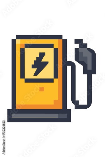 EV charging station in pixel art style. Electric car power pump with lightning symbol. Retro 8 bit video game sprite icon. E-mobility, green energy and transport concept.