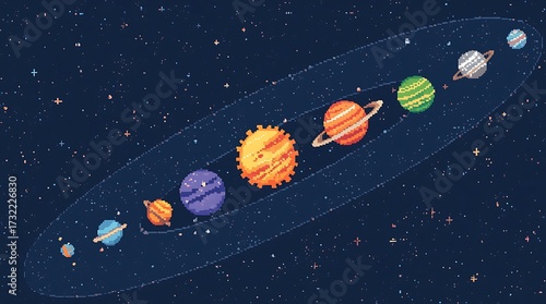 Pixel Art Solar System Planets in Orbit Space Background Design