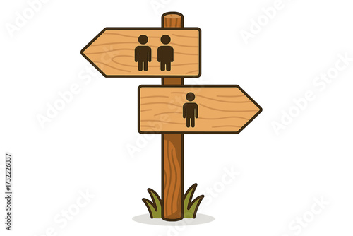Signpost concept with two path choices, together or alone. Metaphor for relationship decisions, partnership vs solitude. Vector of crossroads, direction and future choices.