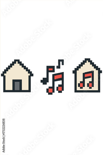Pixel art house and music note icon set. 8-bit home audio symbol. Concept for loud music, neighbors, party at home. Retro gaming style vector asset for web or app design.